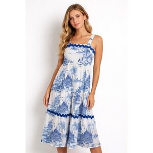 Umgee Blue White Toile Ric Rac Tiered Maxi Dress Small Cottagecore